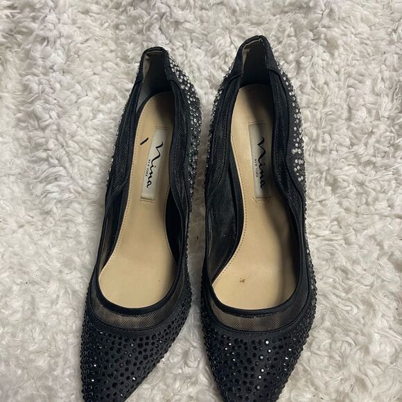 NINA RYOKO FABRIC BLACK CRYSTAL EMBELLISHED SLIP ON HEELS SZ8.5M - Picture 4 of 10